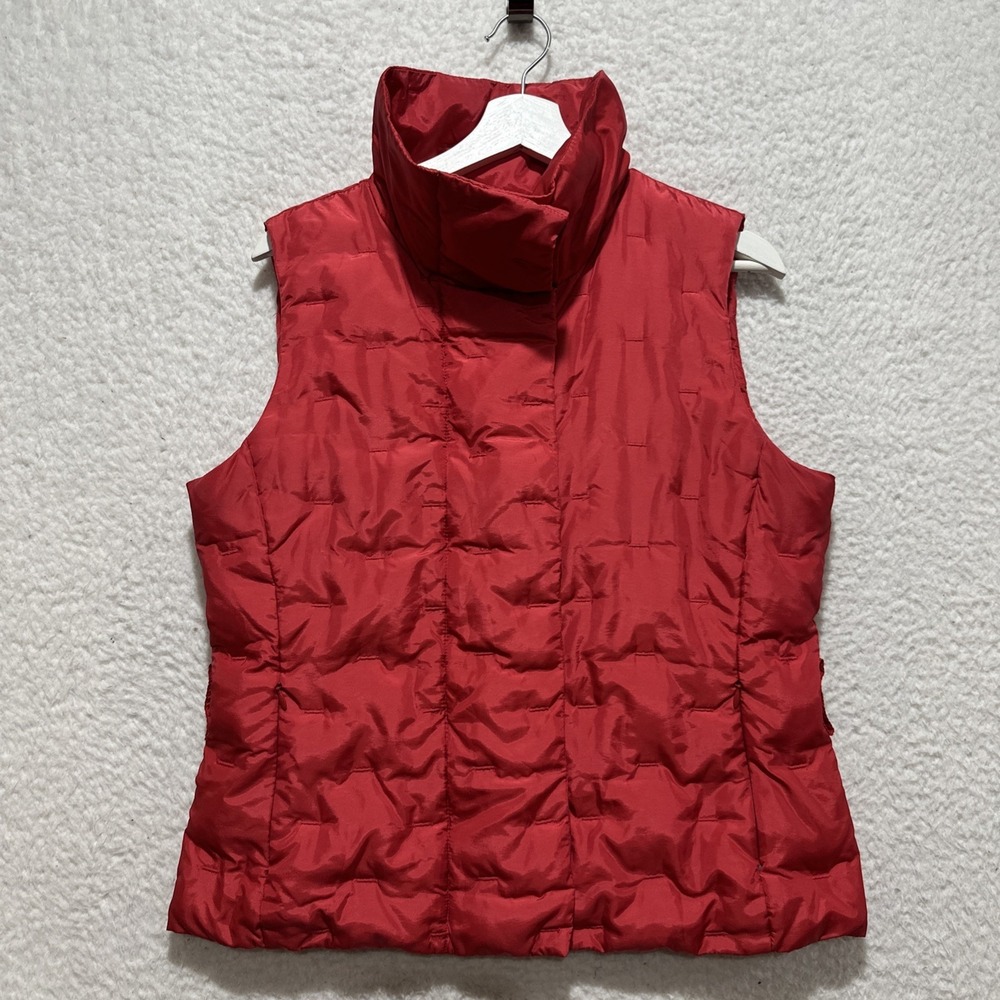 Talbots Petites Size M Cherry Red Puffer Goose Down Full Zip/Snap Belted Vest